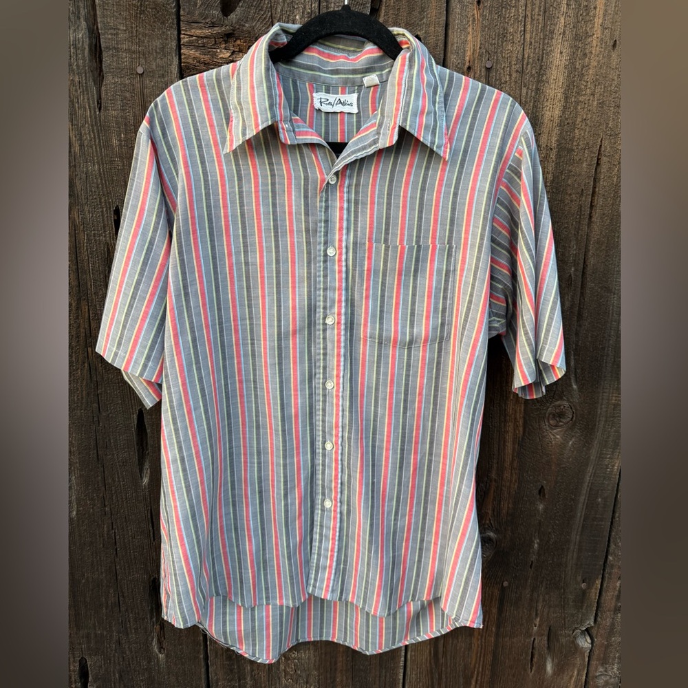 Vintage Roos/Atkins Gray Red Blue Striped Casual Western Button Up Work Shirt